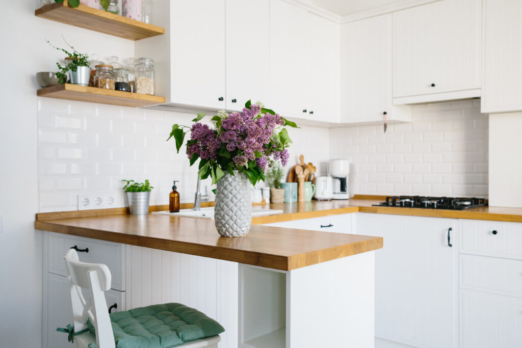 Väike köök skandinaavia stiilis valge mööbliga