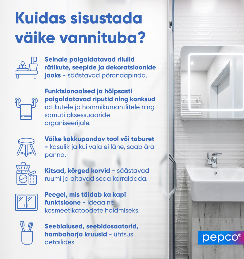 Pepco infograafika väikesesse vannituppa dekoratsioonide ja aksessuaaride valimisest