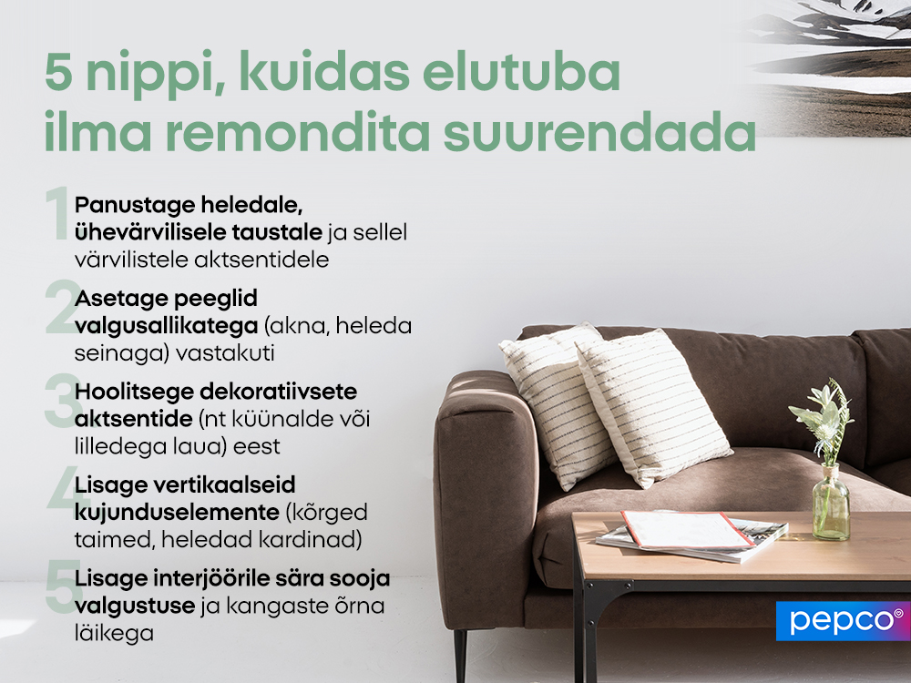 5 nippi, kuidas elutuba ilma remondita suurendada