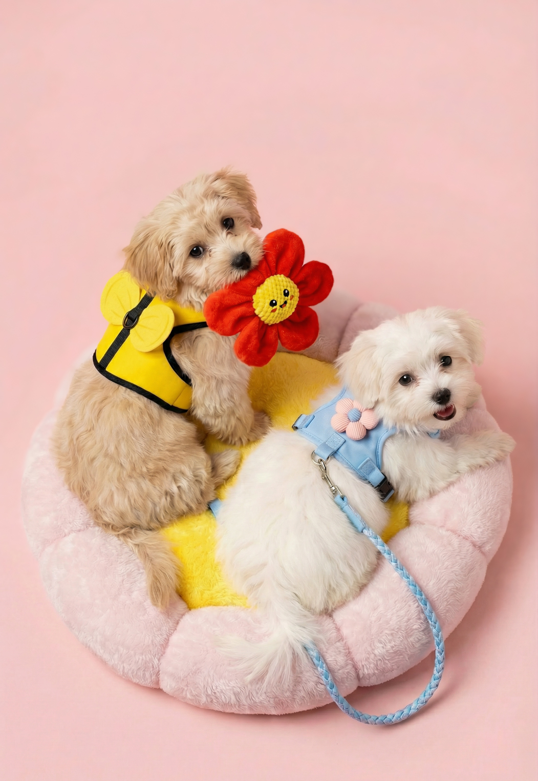 Koer hoiab värvilist mänguasja.